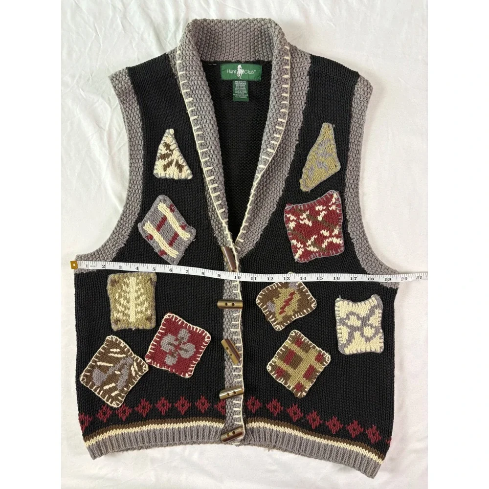 Vintage 90s Hunt Club Patchwork Sweater Vest Womens M Toggle Grannycore Boho Y2K